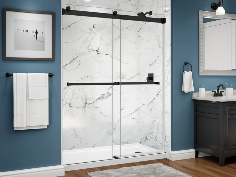 classic smooth venatino marble w sliding doors and black trim
