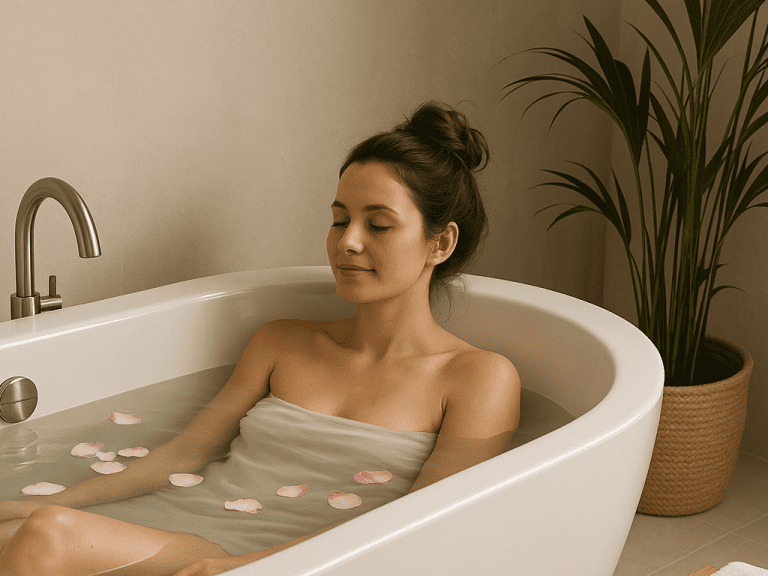 relaxing in a clean, chemical-free acrylic bathtub