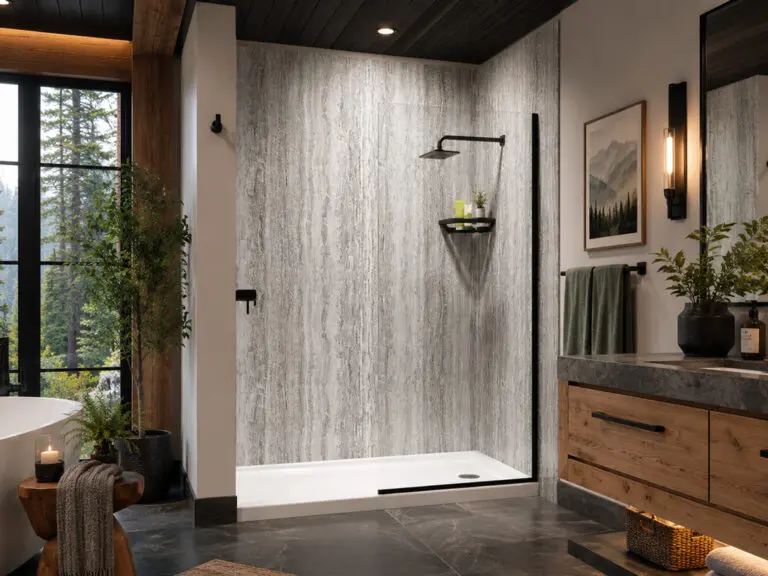 black quartz style shower - wood - black trim -1024
