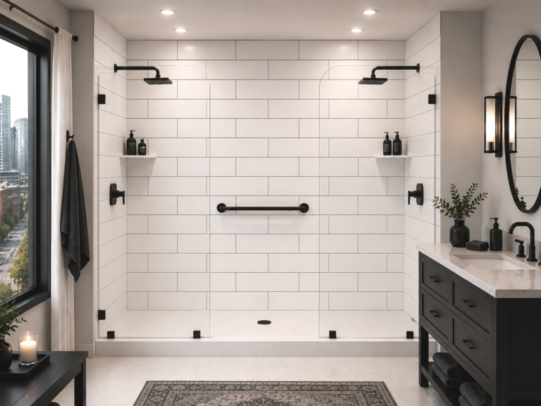 acrylic subway tile dual shower w black etched lines