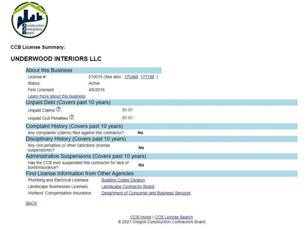 CCB license summary for Underwood Interiors LLC