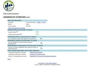 CCB license summary for Underwood Interiors LLC