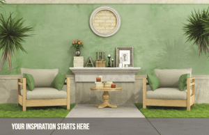 Home and garden show display with green wall, chairs, plants, and fireplace