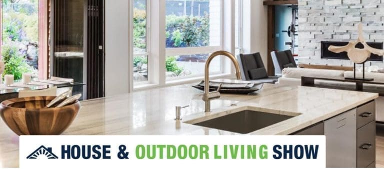 House & Outdoor Living Show banner over a bright modern kitchen