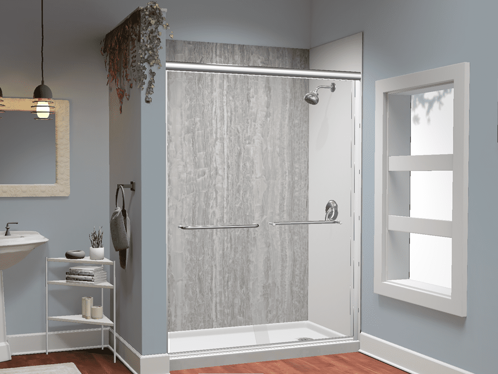 Gray stone-look walk-in shower with sliding glass enclosure and white base