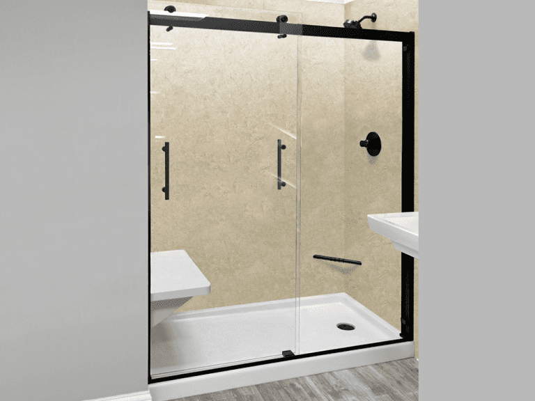 denali barn style double slider - vertical handles door - matte black trim w clear glass finish
