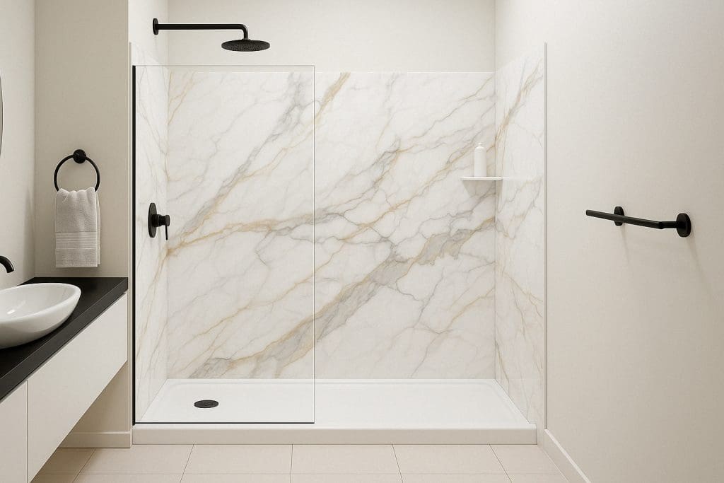 Calcutta Michelangelo acrylic shower wall design