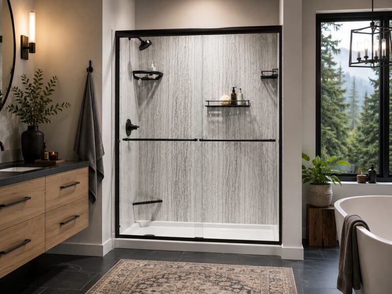 black quartz style shower - soft modern - black trim - bathprosnw
