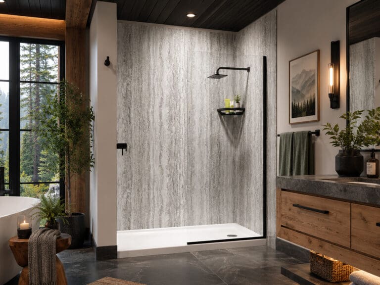 black quartz style shower - wood - black trim -1024