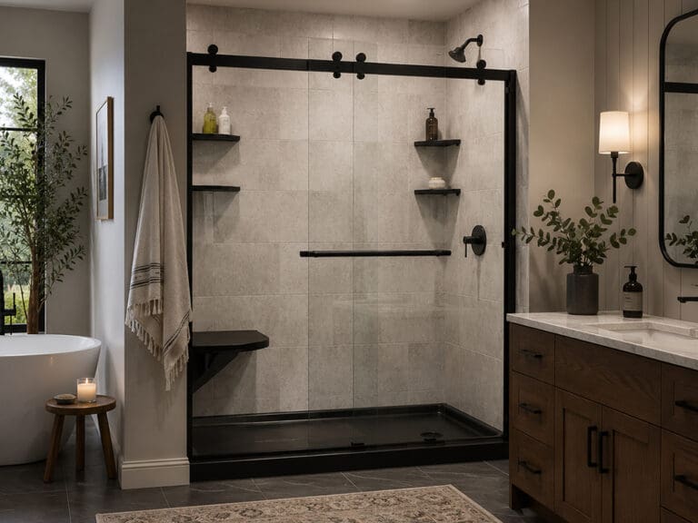 Walk-in shower with dark gray stone-look walls, black frame, and corner shelves