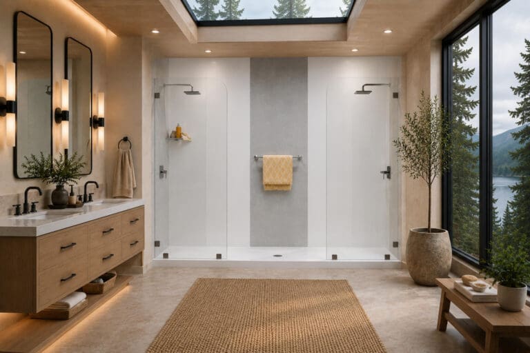 Walk-in shower with white subway-style walls, wood vanity, and large windows