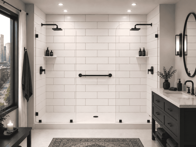 acrylic subway tile dual shower w black etched lines