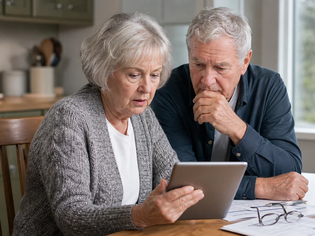 Older couple looking concerned while reviewing bathroom assistance information on a tablet