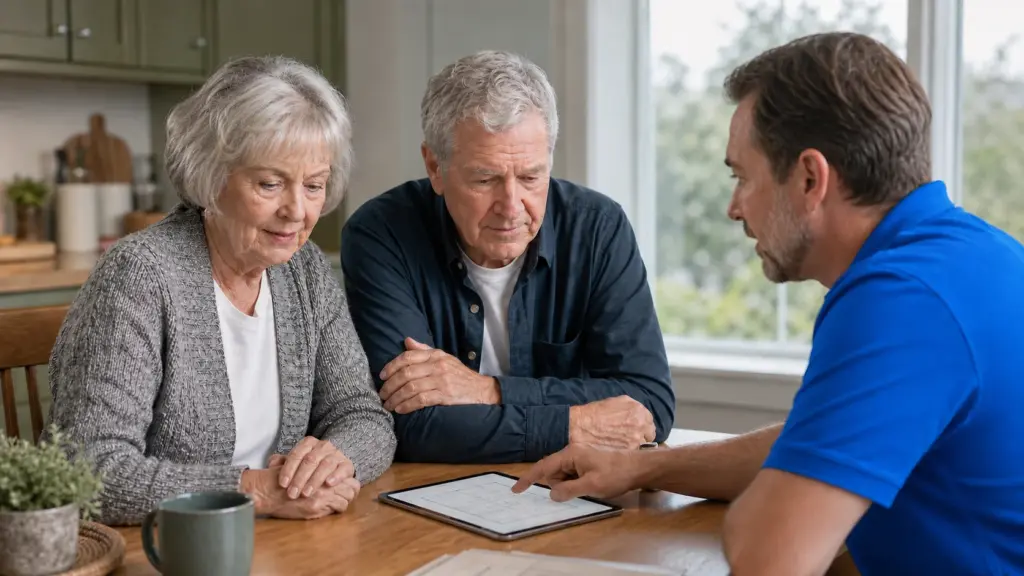 Bath Pros NW expert in a blue polo discussing bath and shower options with an older couple